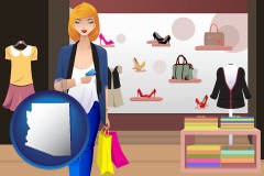 arizona map icon and a woman shopping in a clothing store