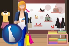 delaware map icon and a woman shopping in a clothing store