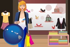 hawaii map icon and a woman shopping in a clothing store