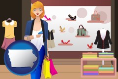 iowa map icon and a woman shopping in a clothing store