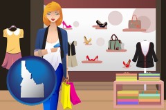 idaho map icon and a woman shopping in a clothing store