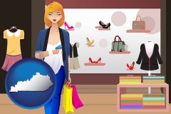 kentucky map icon and a woman shopping in a clothing store