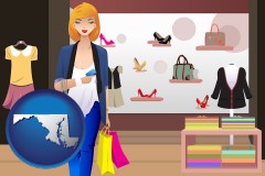 maryland map icon and a woman shopping in a clothing store