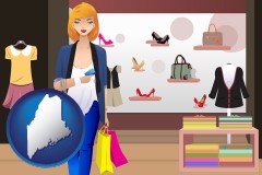 maine map icon and a woman shopping in a clothing store