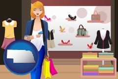 nebraska map icon and a woman shopping in a clothing store