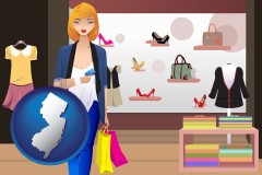 new-jersey map icon and a woman shopping in a clothing store