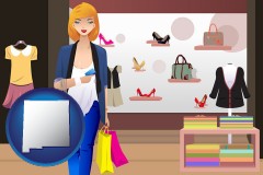 new-mexico map icon and a woman shopping in a clothing store
