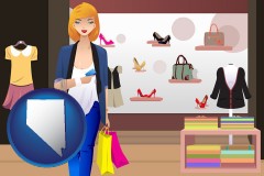 nevada map icon and a woman shopping in a clothing store