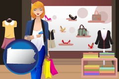 pennsylvania map icon and a woman shopping in a clothing store