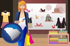 south-carolina map icon and a woman shopping in a clothing store