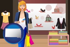 south-dakota map icon and a woman shopping in a clothing store