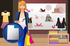 utah map icon and a woman shopping in a clothing store