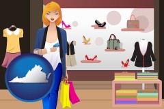 virginia map icon and a woman shopping in a clothing store