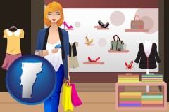 vermont map icon and a woman shopping in a clothing store