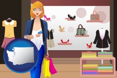 washington map icon and a woman shopping in a clothing store