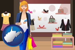 west-virginia map icon and a woman shopping in a clothing store