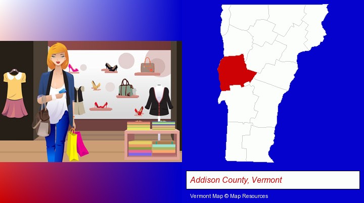a woman shopping in a clothing store; Addison County, Vermont highlighted in red on a map