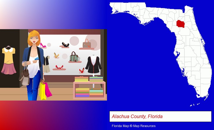 a woman shopping in a clothing store; Alachua County, Florida highlighted in red on a map
