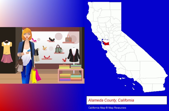 a woman shopping in a clothing store; Alameda County, California highlighted in red on a map