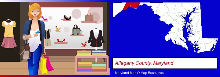 a woman shopping in a clothing store; Allegany County, Maryland highlighted in red on a map