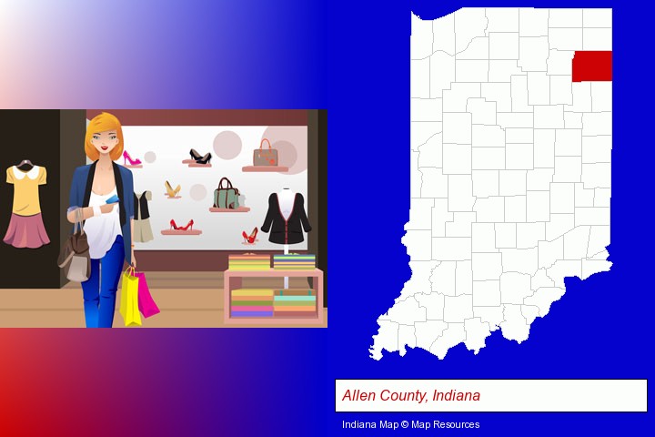 a woman shopping in a clothing store; Allen County, Indiana highlighted in red on a map