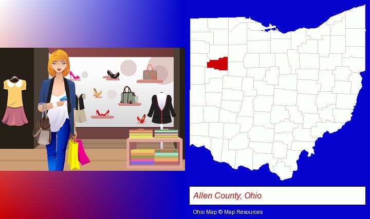 a woman shopping in a clothing store; Allen County, Ohio highlighted in red on a map