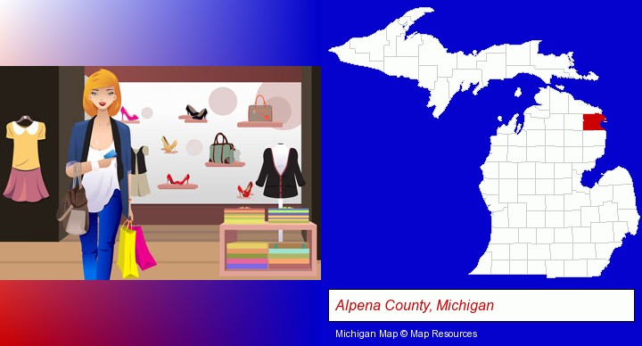 a woman shopping in a clothing store; Alpena County, Michigan highlighted in red on a map