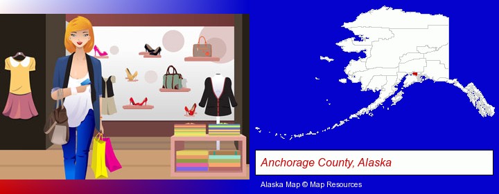 a woman shopping in a clothing store; Anchorage County, Alaska highlighted in red on a map