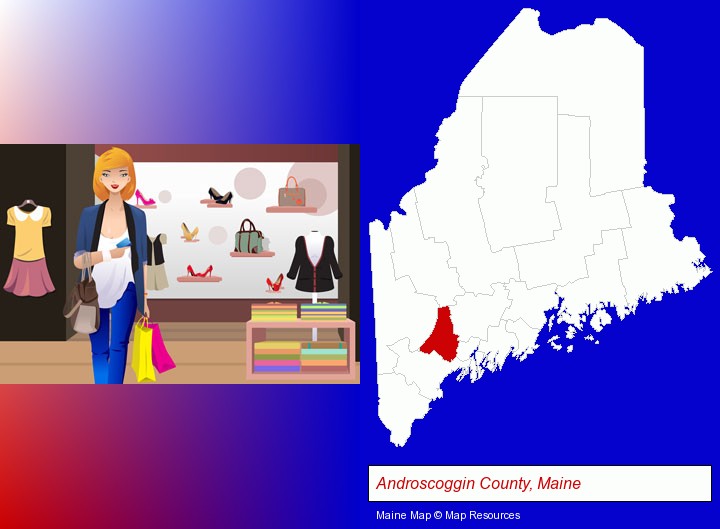 a woman shopping in a clothing store; Androscoggin County, Maine highlighted in red on a map
