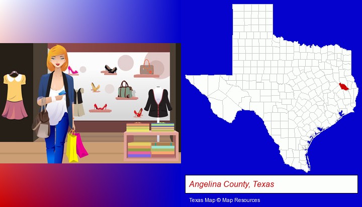 a woman shopping in a clothing store; Angelina County, Texas highlighted in red on a map