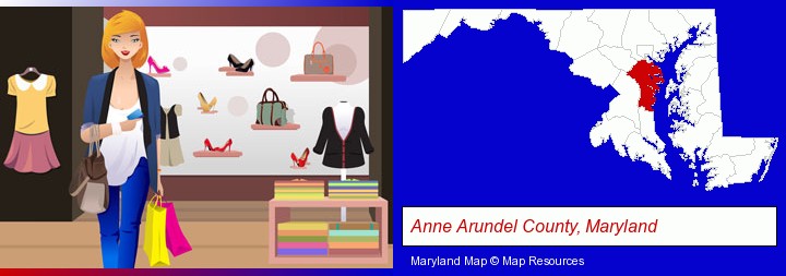 a woman shopping in a clothing store; Anne Arundel County, Maryland highlighted in red on a map