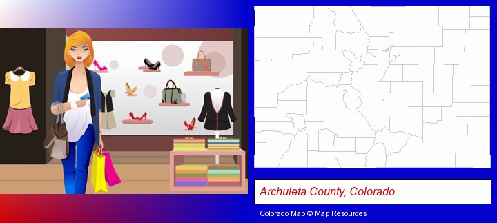 a woman shopping in a clothing store; Archuleta County, Colorado highlighted in red on a map