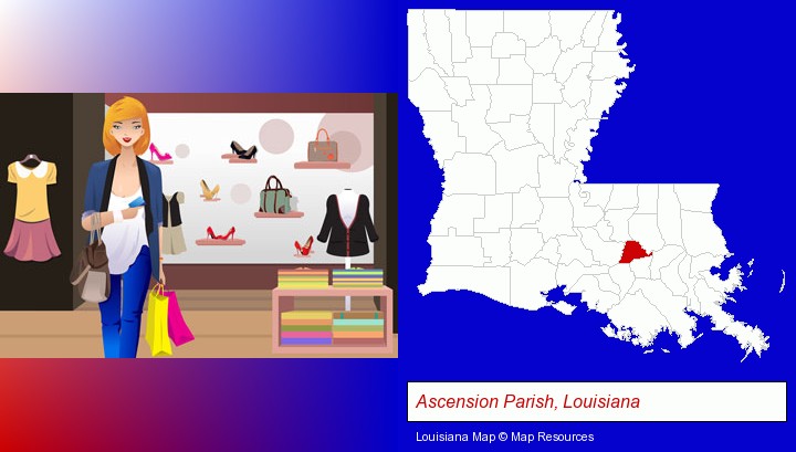 a woman shopping in a clothing store; Ascension Parish, Louisiana highlighted in red on a map