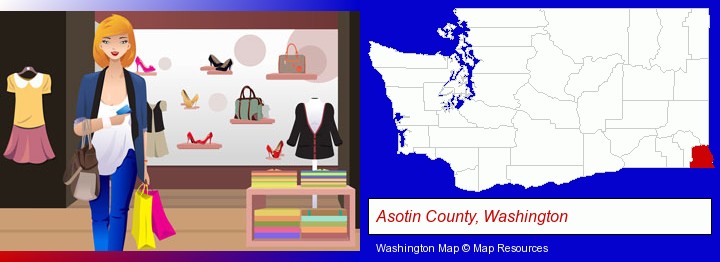 a woman shopping in a clothing store; Asotin County, Washington highlighted in red on a map