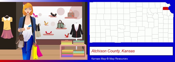 a woman shopping in a clothing store; Atchison County, Kansas highlighted in red on a map