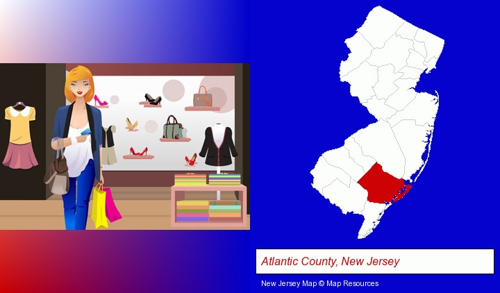 a woman shopping in a clothing store; Atlantic County, New Jersey highlighted in red on a map