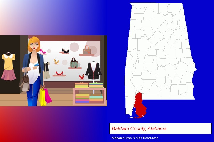 a woman shopping in a clothing store; Baldwin County, Alabama highlighted in red on a map