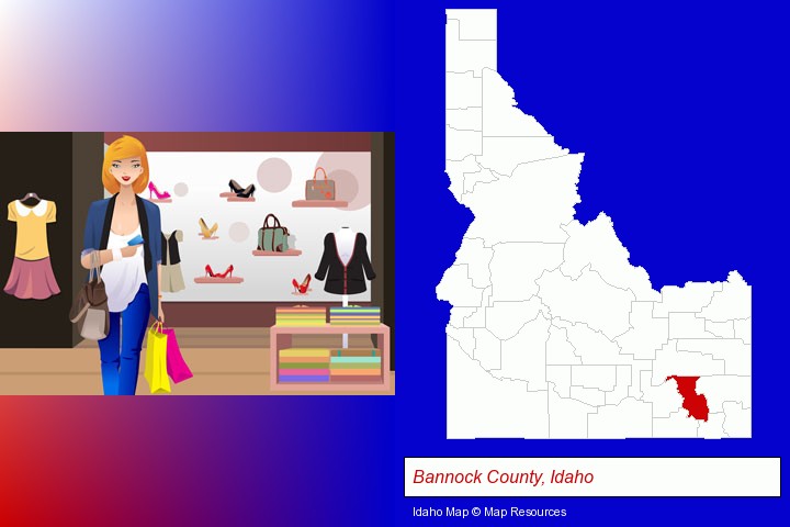 a woman shopping in a clothing store; Bannock County, Idaho highlighted in red on a map