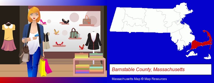a woman shopping in a clothing store; Barnstable County, Massachusetts highlighted in red on a map
