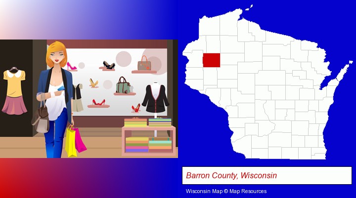 a woman shopping in a clothing store; Barron County, Wisconsin highlighted in red on a map