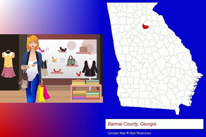 a woman shopping in a clothing store; Barrow County, Georgia highlighted in red on a map