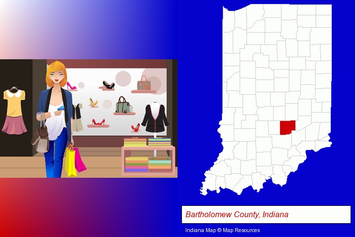 a woman shopping in a clothing store; Bartholomew County, Indiana highlighted in red on a map