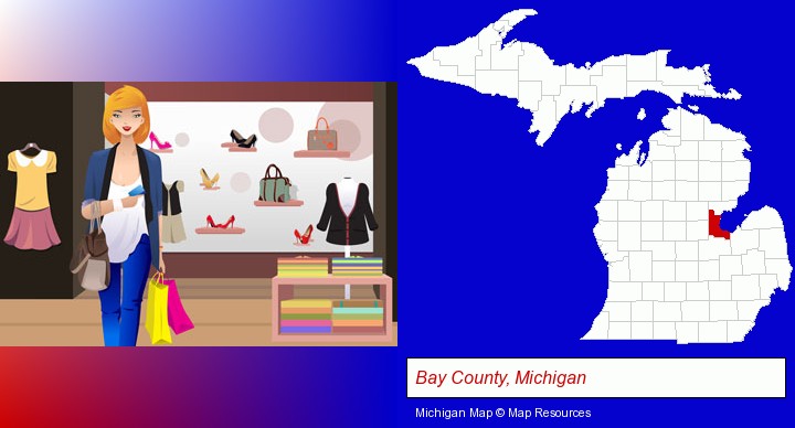 a woman shopping in a clothing store; Bay County, Michigan highlighted in red on a map