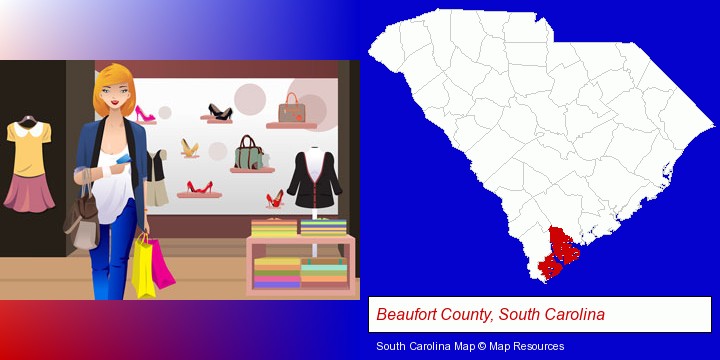 a woman shopping in a clothing store; Beaufort County, South Carolina highlighted in red on a map