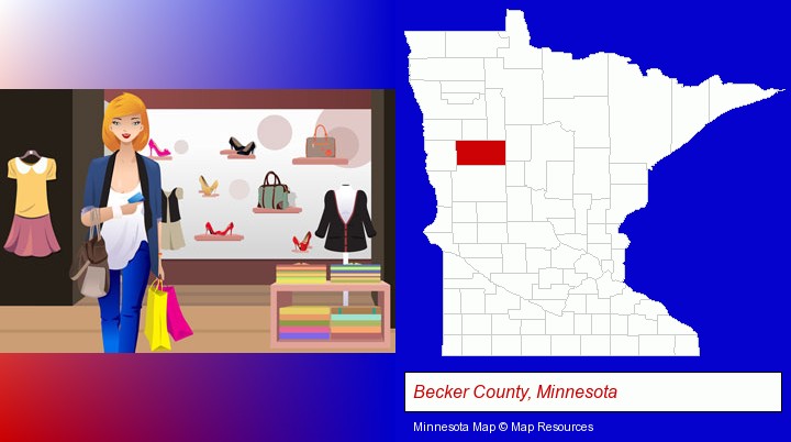 a woman shopping in a clothing store; Becker County, Minnesota highlighted in red on a map