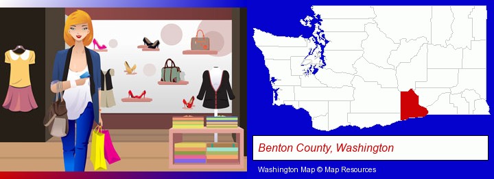a woman shopping in a clothing store; Benton County, Washington highlighted in red on a map