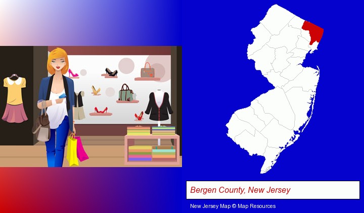 a woman shopping in a clothing store; Bergen County, New Jersey highlighted in red on a map
