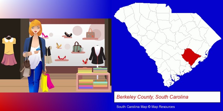 a woman shopping in a clothing store; Berkeley County, South Carolina highlighted in red on a map