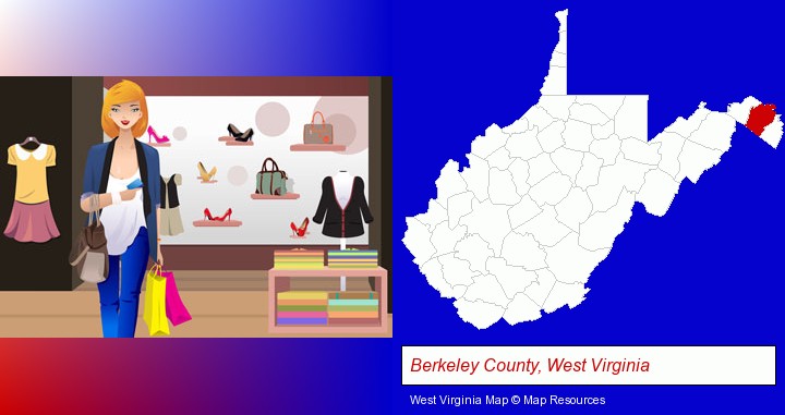 a woman shopping in a clothing store; Berkeley County, West Virginia highlighted in red on a map