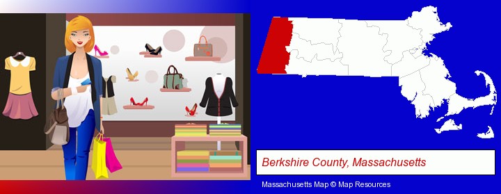 a woman shopping in a clothing store; Berkshire County, Massachusetts highlighted in red on a map